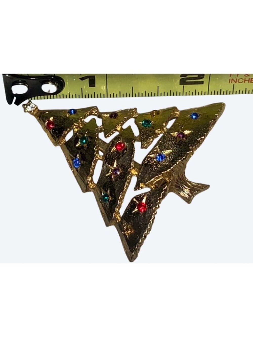 Christmas Tree Pin Brooch Vintage Multi Colored Rhinestone Brushed Gold Tone - Picture 5 of 10